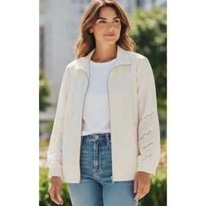 Chicos Cream Lace Sleeve Zip Up Jacket Womens Size 2 L Lightweight